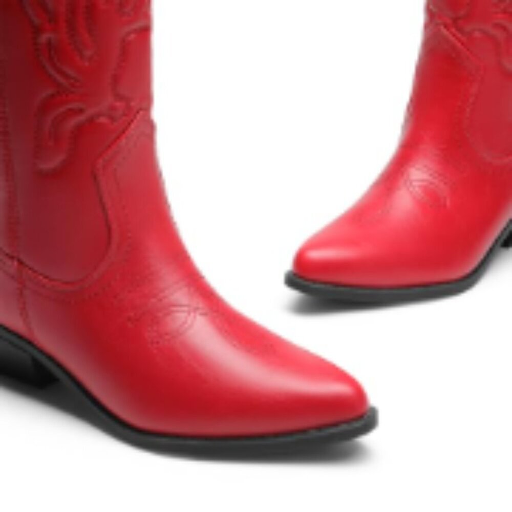 Women's Faux Leather Cowboy Boots with Embroidery Stitching - Picture 6 of 7